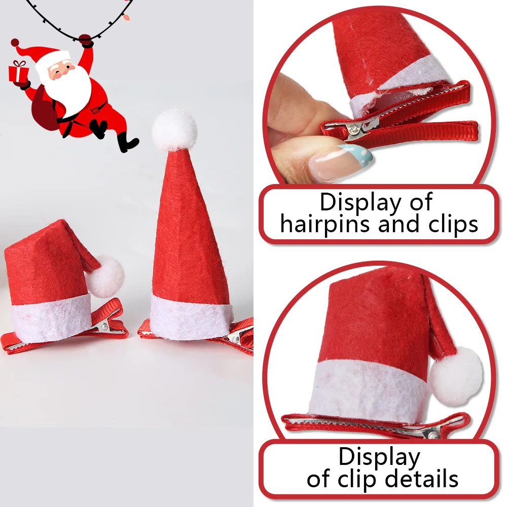 Christmas Santa Hat Hair Clips, 2Pcs Mini Red & White Felt Xmas Hair Accessories, Cute Holiday Party Decor Festive Hair For Wome