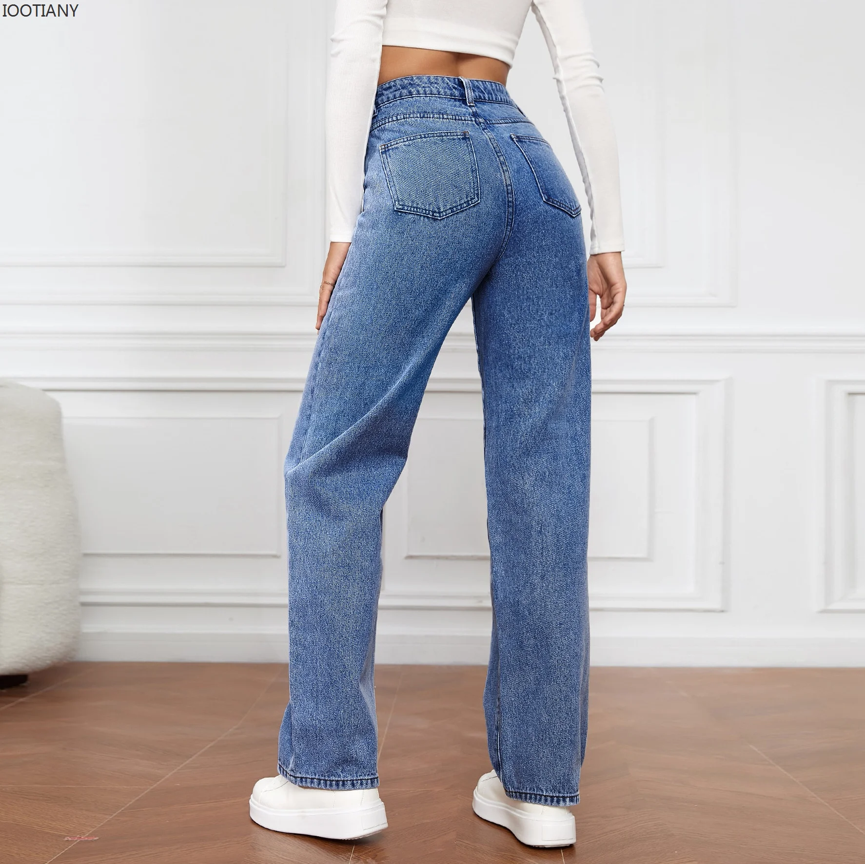 IOOTIANY New Europe And The United States New Loose Casual Trousers Fashion With Straight Jeans High-waisted Washed Ladies Jeans