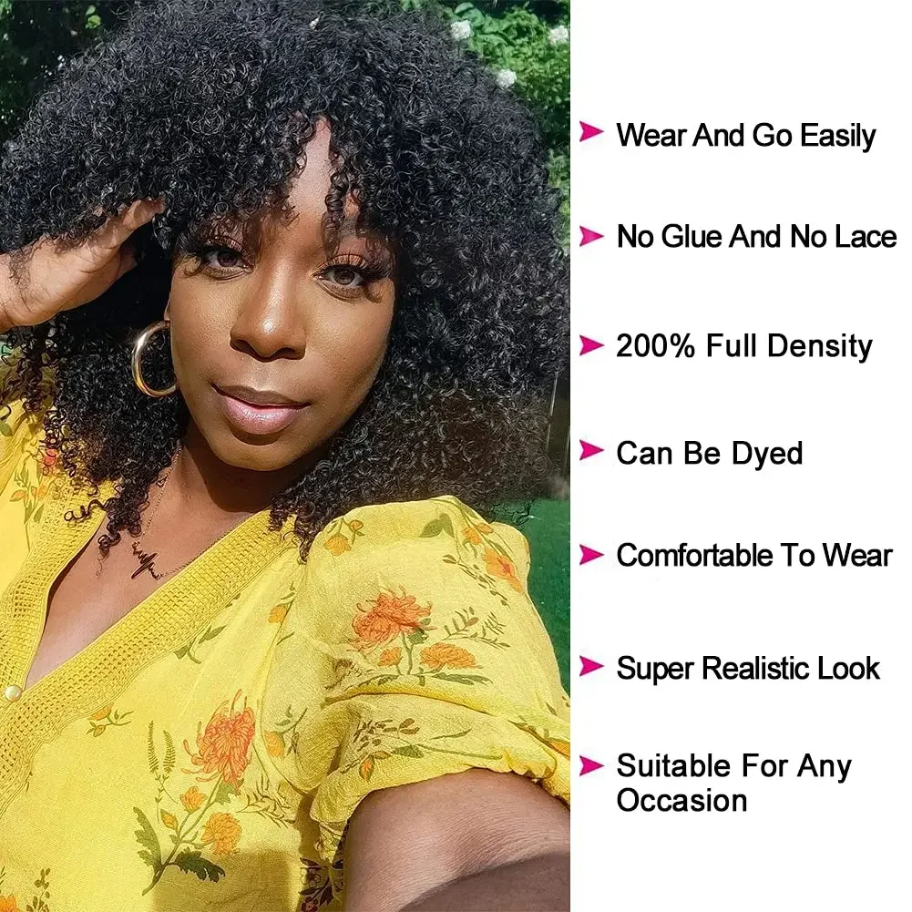 Short Curly Afro Wig With Bangs for Black Women Full Machine Made Glueless Wig 200 Density Afro Kinky Curly Human Hair Wigs