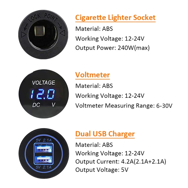 12V USB Panel Socket 4 in 1 Dual USB Charger with Rocker Switch Car Cigarette Lighter Digital Voltmeter for Car Boat Truck RV