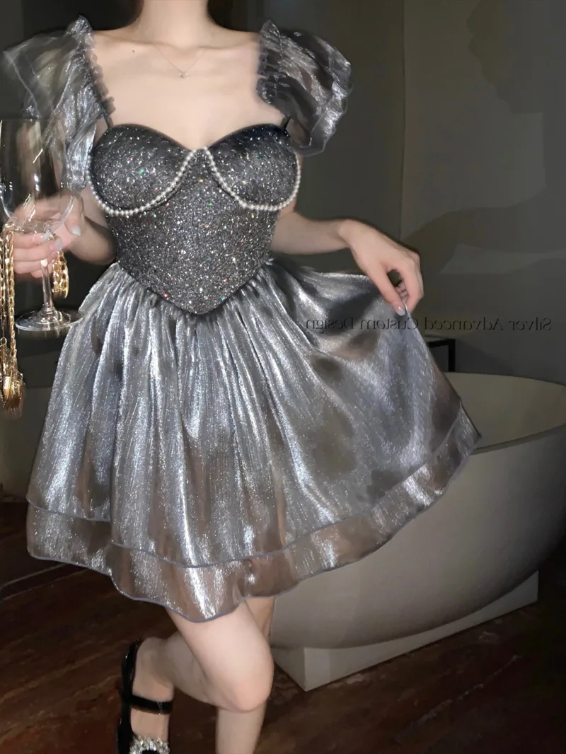 

Gray Mesh Ceremonial Metal Dress Elegant Mini Tops Square Collar 2023 Sexy Beach High Waist A Line Dress For Women Tops 880O