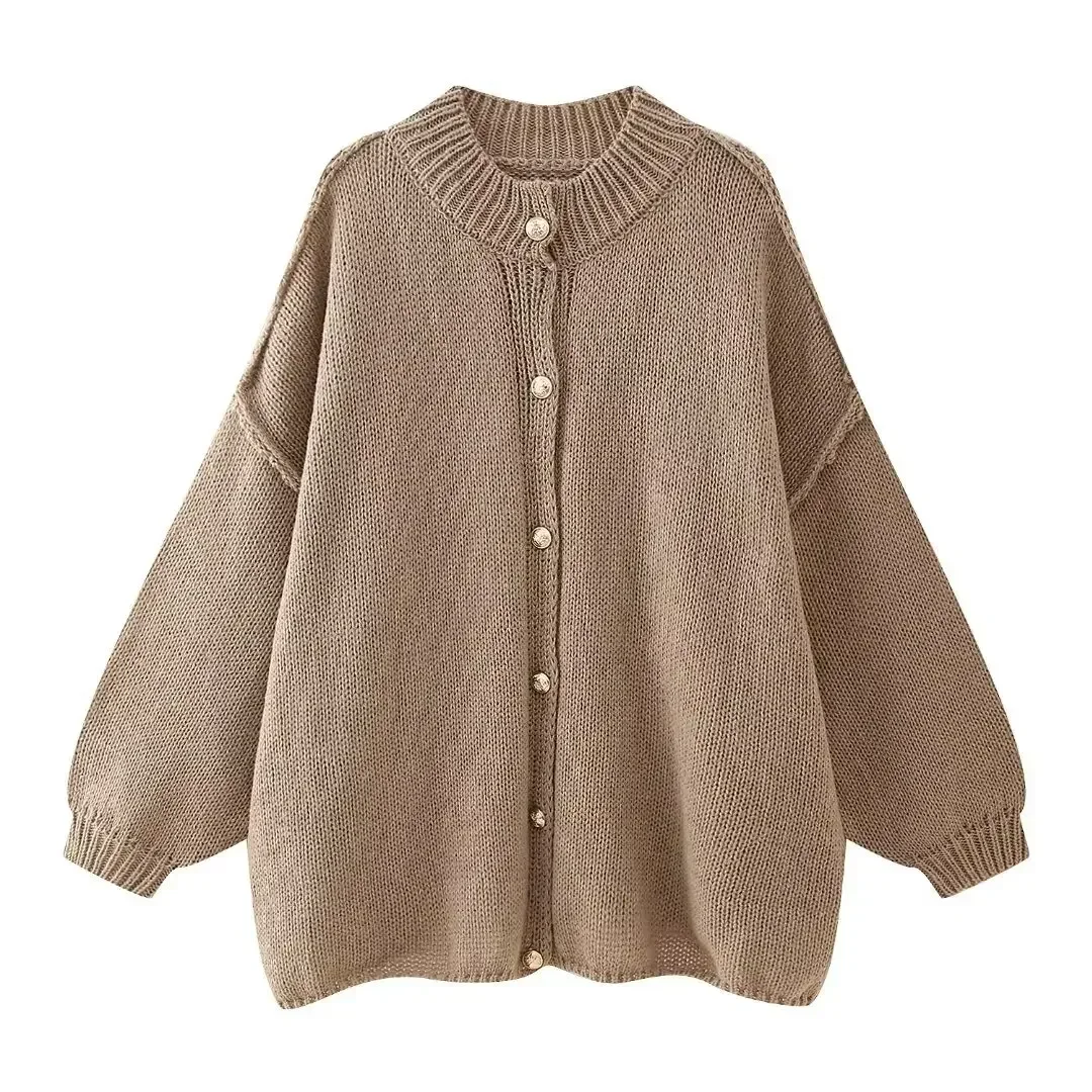 thumbnail image 1 of Suéter holgado de moda francesa para mujer, cárdigan con botones de metal y cuello redondo, botonadura sencilla, abrigo informal para otoño e invierno, prendas de vestir para mujer, 1 of 5