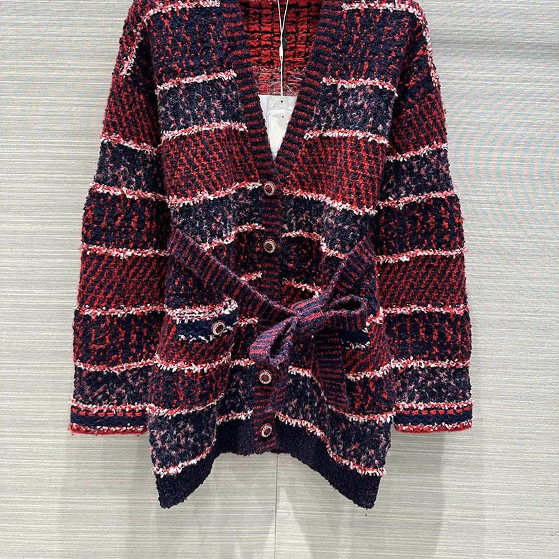 

Women' Clothes New Christmas Color Matching Striped Cardigan Classic Long Sleeve Single Breasted Belt Coats 2023 Autumn Winter