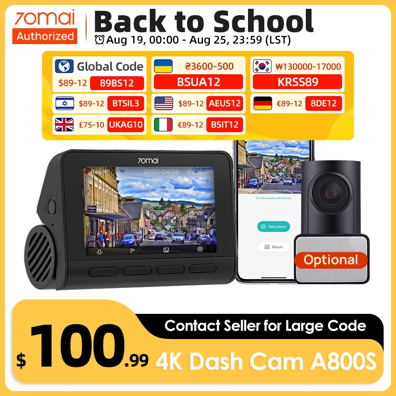 70mai 4K Dash Cam A800S 3840X2160 Resolution 140&deg;FOV 4K Car DVR Support Rear Cam Built-in GPS ADAS 24h Parking Monitor dash cam