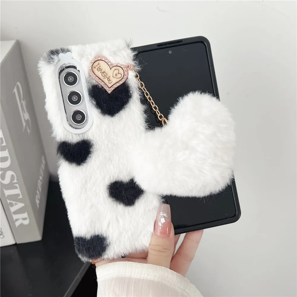 For Samsung Galaxy Z Fold 5 Case Korea Cute Fluffy Plush Love Pendant Phone Case For Galaxy Z Fold6 Cover Z Fold3 Z Fold2 Fold5 | Gaffar India