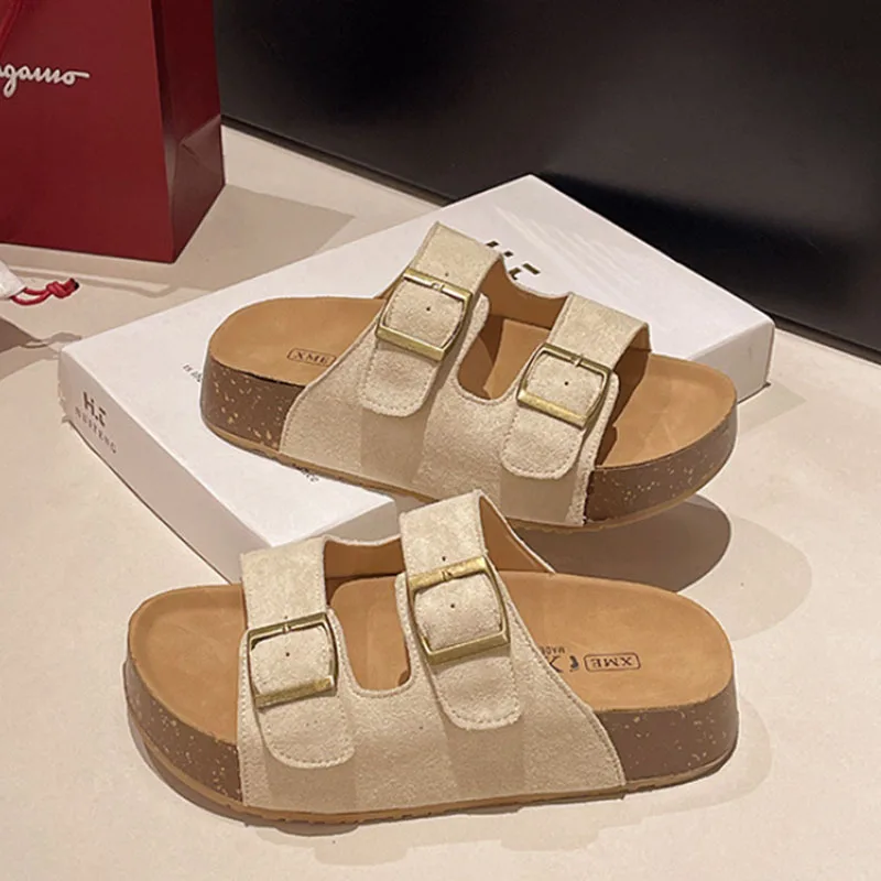 Women's Soft-soled Platform Sandals Double Buckle Flat Slippers