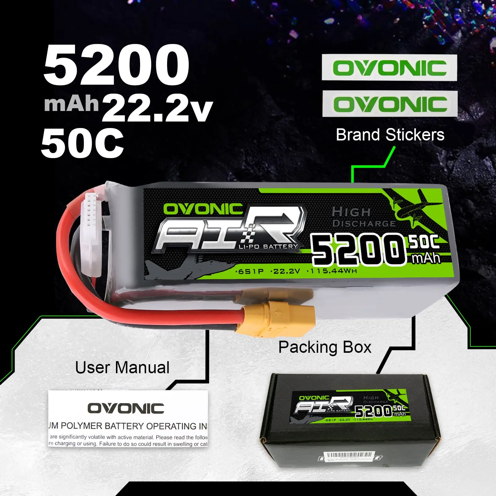 OVONIC 6S Lipo Battery 4500mAh 22.2V 130C - EC5 Connector For RC Cars, Drones & Airplanes