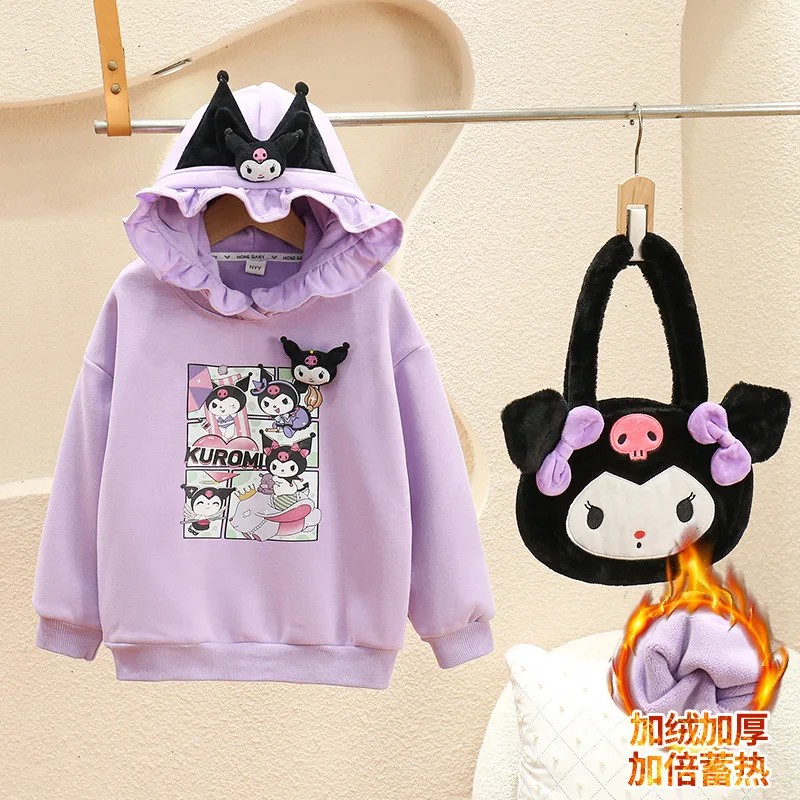 

Sanrio Kuromi Hoodie Girl Kawaii Anime Doll Velvet Long Sleeve T-Shirt Tops Winter Korean Version Warm Kids Clothes Gift for Kid