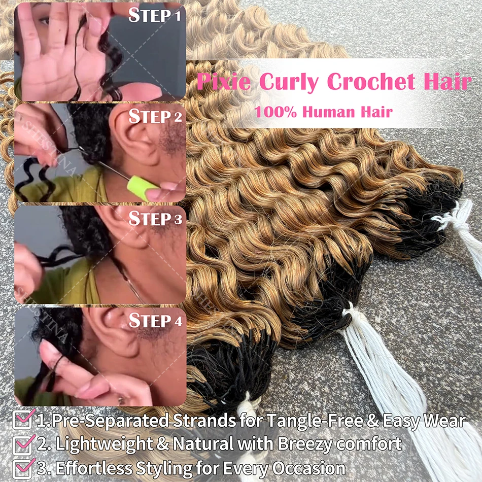 Honey Blonde Feather Crochet Human Hair Extensions Knotless Pre-Separated Pixie Curl Small Spirals Curly Crochet Hair for Boho 5