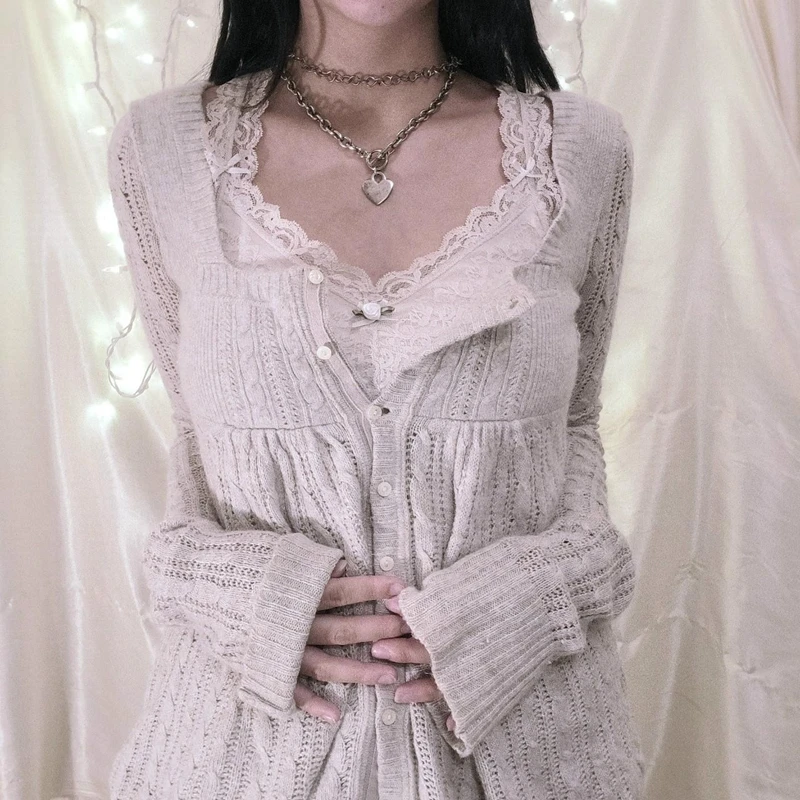 00s Aesthetic Kawaii Knitwear T-shirt Women Clothes Coquette Grunge Y2K 00s Vintage Sweater Single Breasted Long Sleeve Cardigan