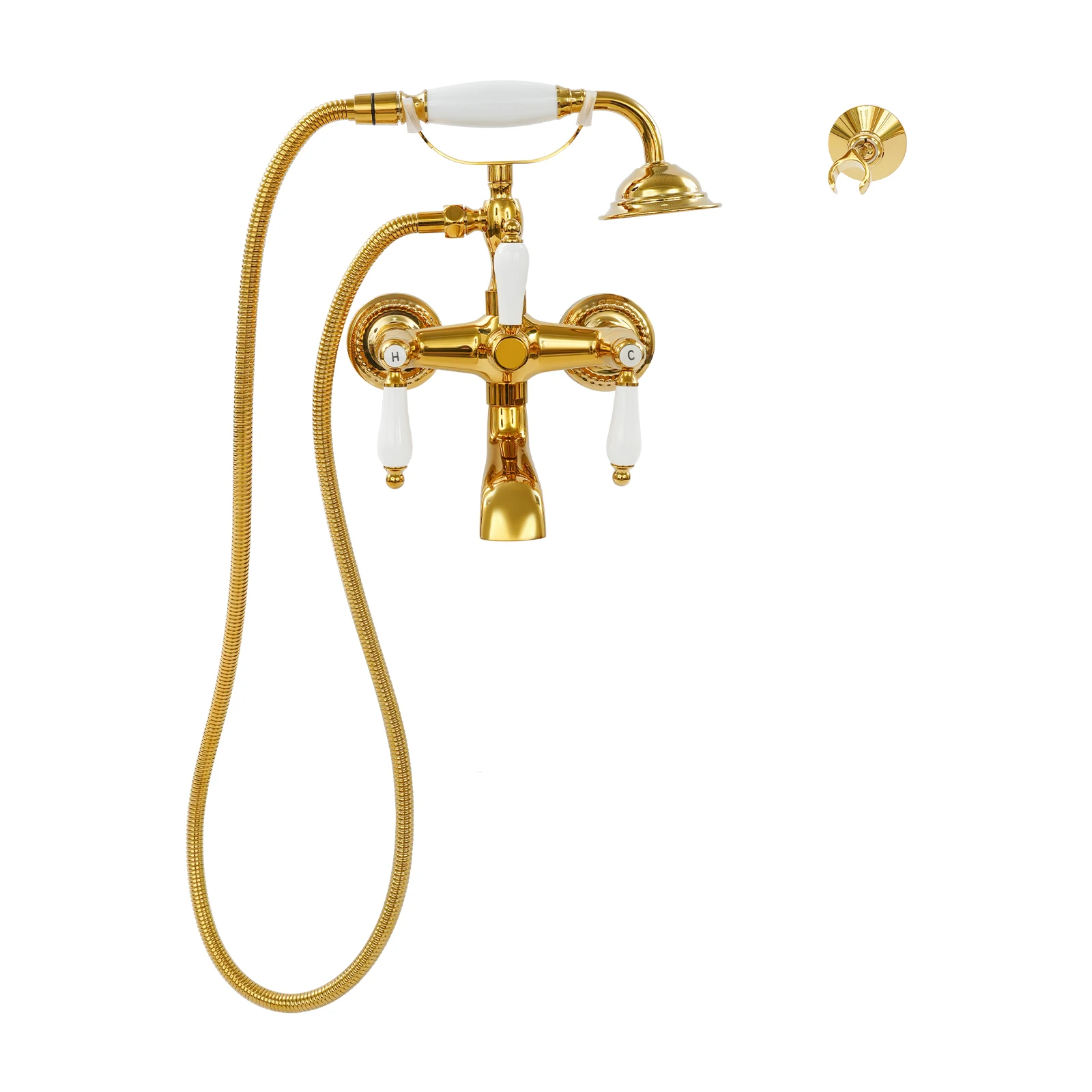 Wandmontierter Badewannen-Wasserhahn im Vintage-Stil mit Handbrause in Silber/Gold – Detail 5