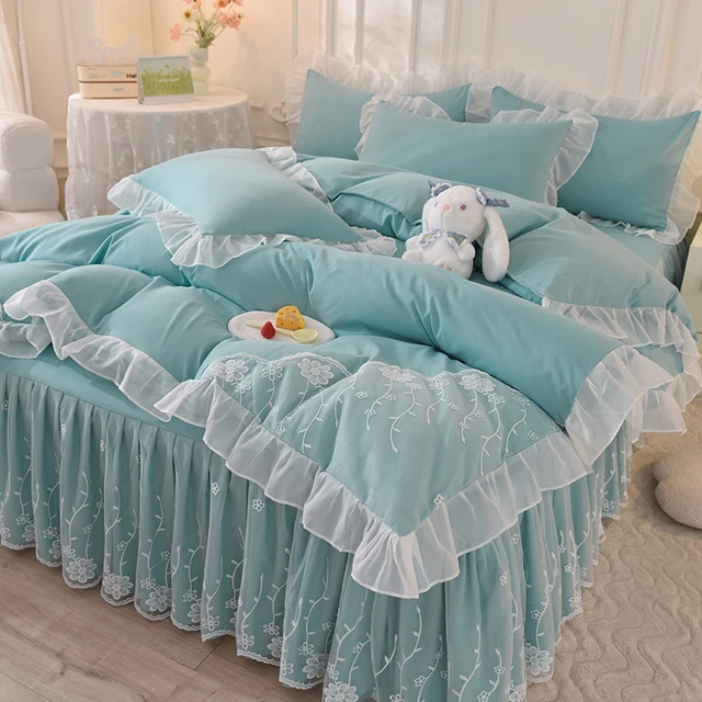 Prenses dantel yatak takımları mavi beyaz ikiz tam kraliçe kral ev tekstili  örtüsü yastık kılıfı kız nevresim setleri yatak örtüsü - AliExpress