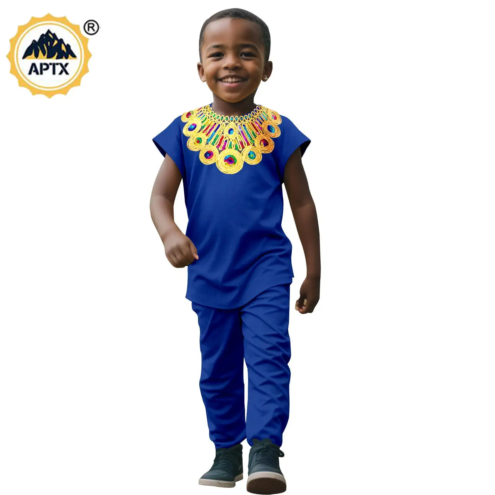 African Boy Clothes Dashiki Summer Casual Children Short Sleeve Appliques Top and Pant Sets Bazin Riche Kids Outfits 2446001