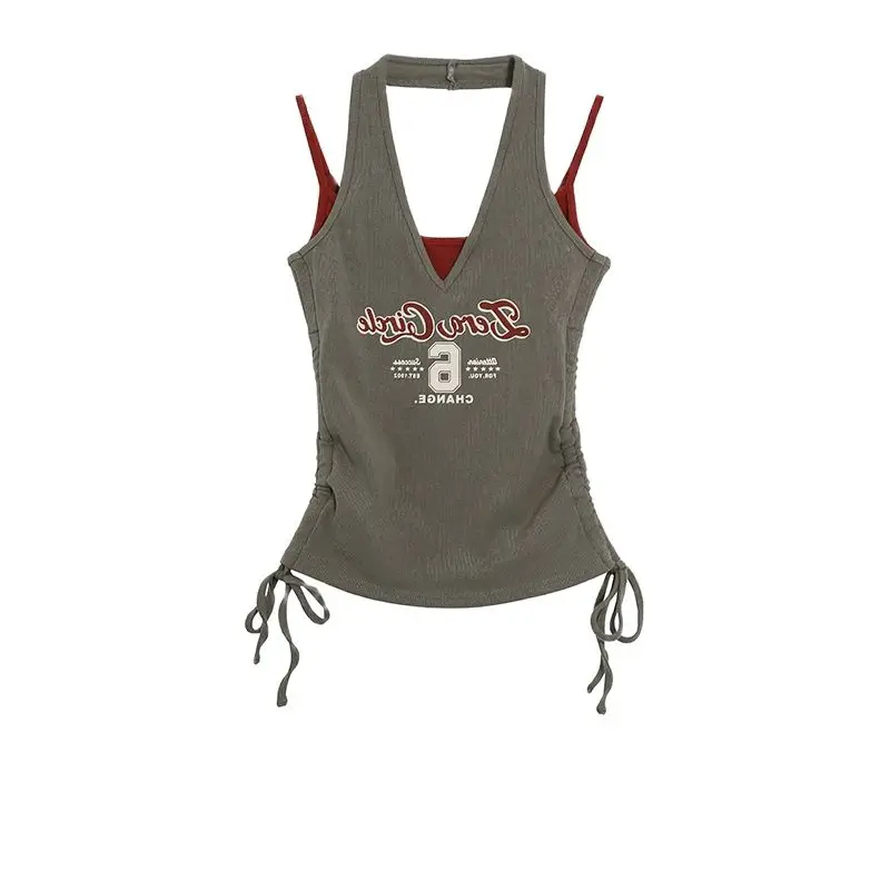 

Anivia Y2K False Two Hang Neck Vest Female 2023 Summer Spice Girl Print Slim Short Style Fashion Design Grey