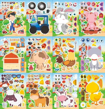 Animali da fattoria Crea un viso Fogli adesivi per bambini Attività per bambini Simpatico cartone animato Puzzle Adesivi Festa di compleanno Bomboniere Artigianato Giocattoli