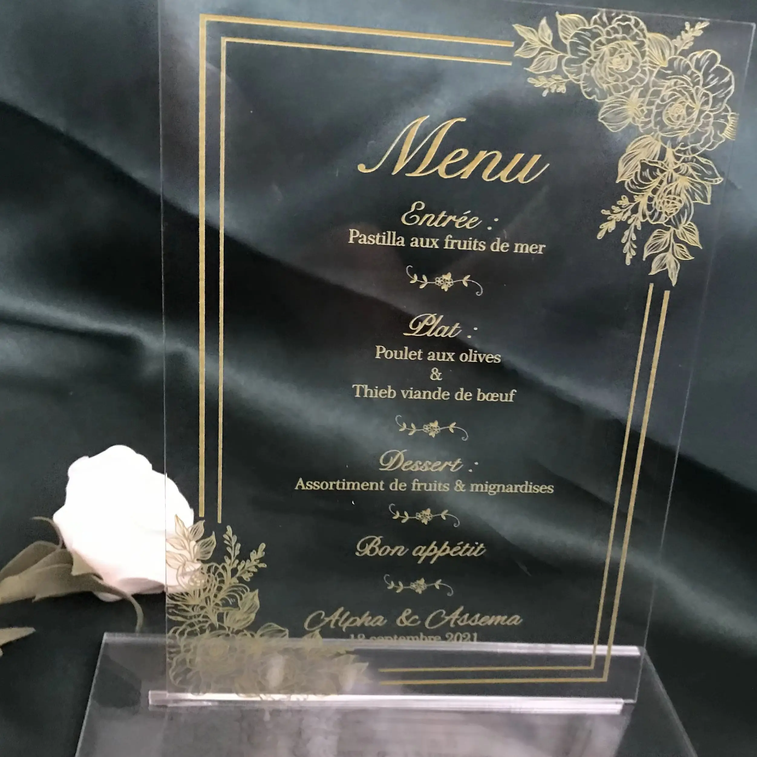 Prined Gold Rose Flower Wedding Menu,10pcs Acrylic Invitation,Acrylic Invitation,Resurant Menu,Acrylic Party Dinner Menu