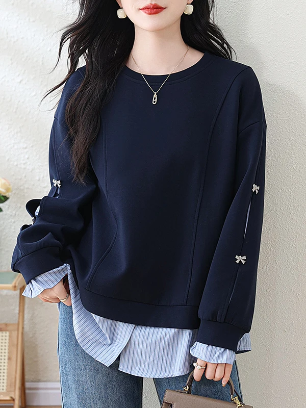 Casual Women's Faux Two-Piece Hoodie Spring Autumn New Sle European Loose Large Size Striped Patchwork Top Comfortable Cott...