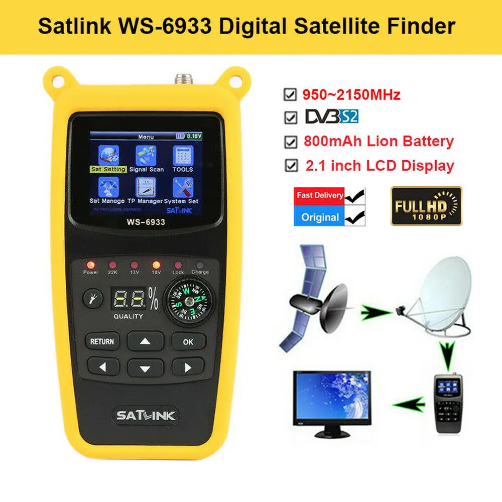 Satlink Ws6933 Dvbs2 Fta C&ku Band Digital Satellite Finder Meter 2.1