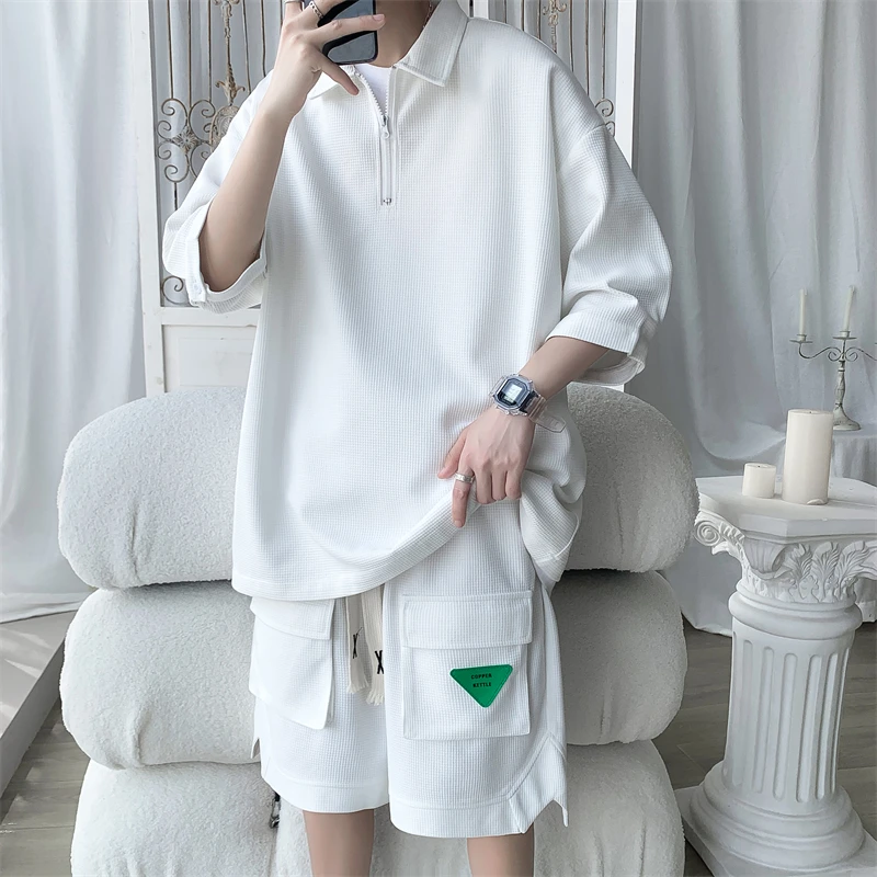Short Sleeve Polo Shirts+Shorts Fashion Waffle Loose Casual Men's Sets Simple Turn Down Collar Streetwear Green Plus Size 5XL-M