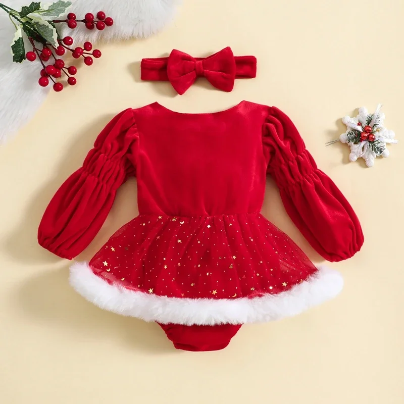 Baby Girls Christmas Corduroy Romper Dress Red Long Sleeve Star Moon Print Ruched Romper with Headband Baby Xmas Costume