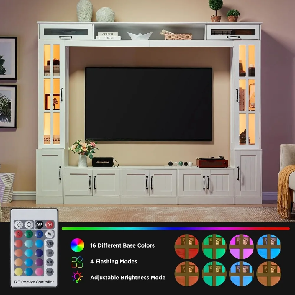 98" Wall Unit with LED Lights for TVs up to 80", Large Modern Wood Tall TVs Stand Console Table Storage Cabinet, TV Stand 4