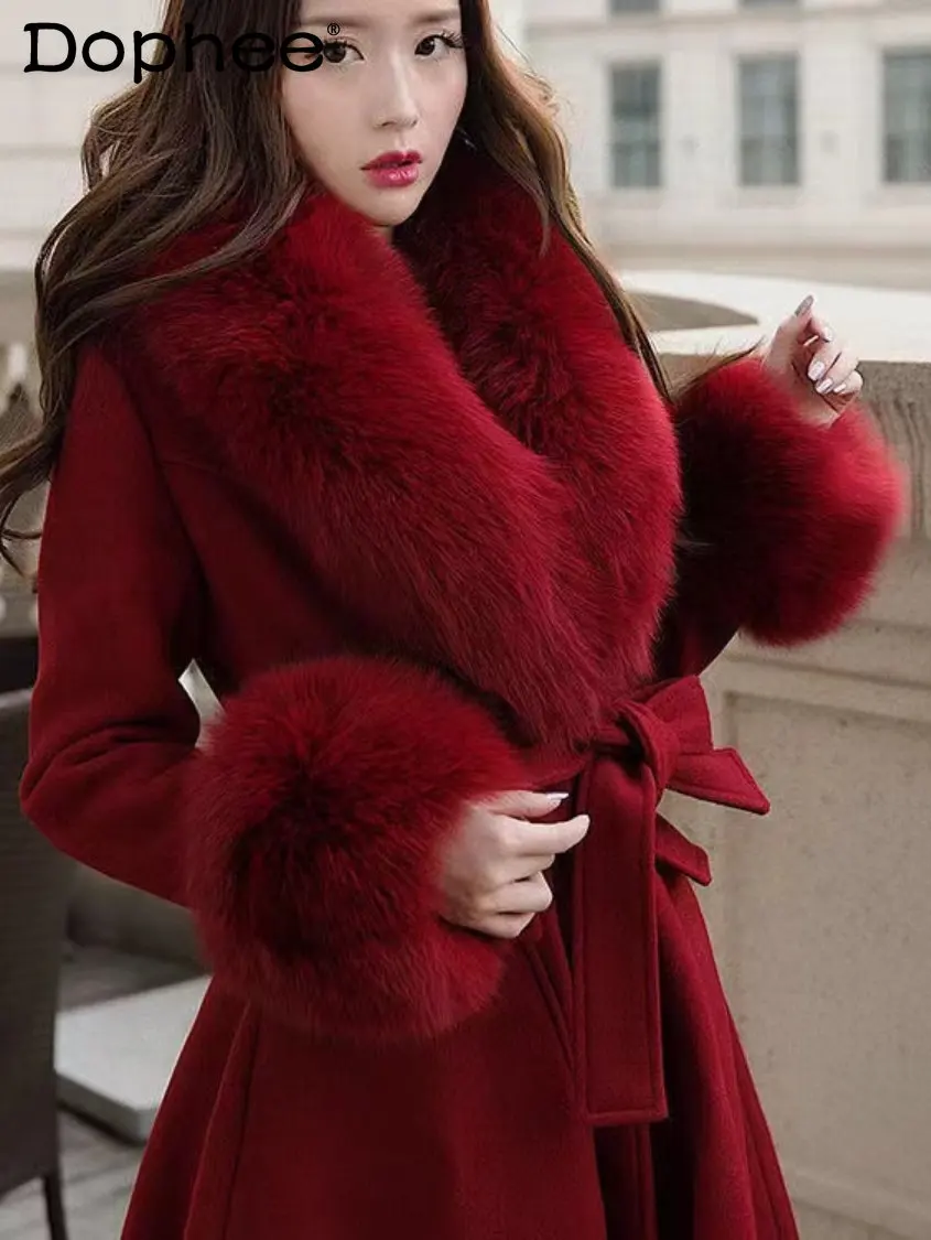 Pardessus long en cachemire avec col en fourrure pour femme, manteau en  laine chaud, ceinture élégante, rouge, minceur, hiver, nouveau, 2022