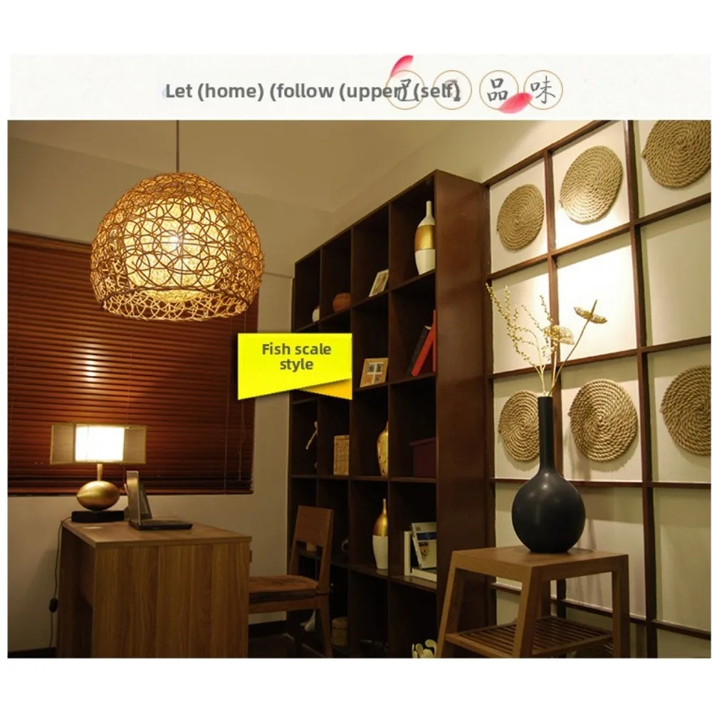Handmade Natural Rattan Art Chandelier Round Fish Scale Weaving Lamp Creative Pastoral Retro Balcony Restaurant Lamp Kitchen