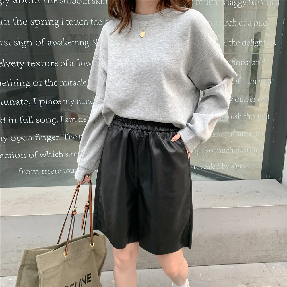 womens clothing Pu Leather Shorts Women 2022 Spring Summer High Waist Loose Wide Leg Pants Outerwear E Girl Streetwear Casual Sweatshorts bike shorts
