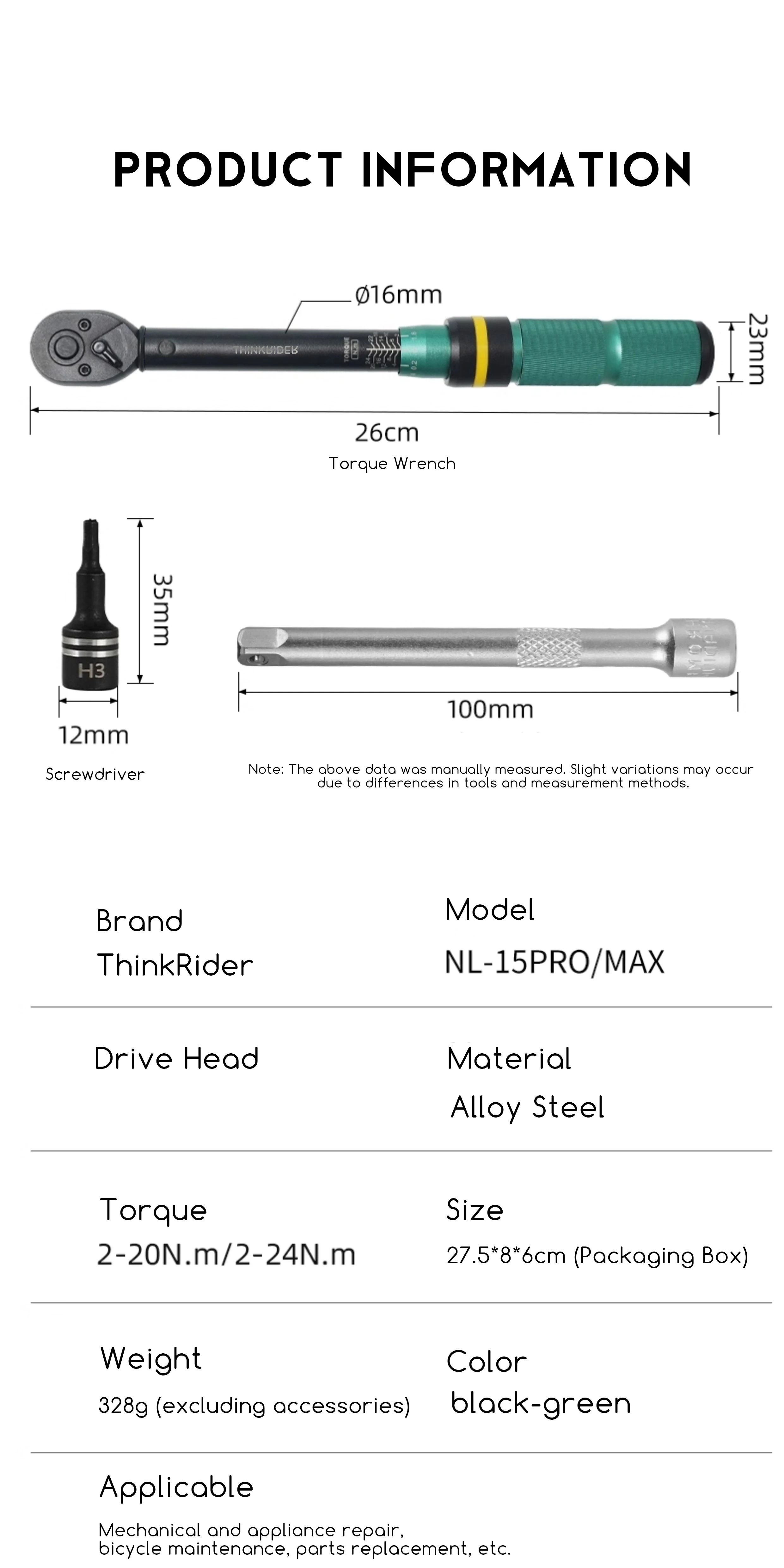 ThinkRider Fahrrad-Drehmomentschlüssel-Set, 1/4 Zoll, 2–24 Nm, Dual-Richtung, Fahrrad-Inbusschlüssel, Werkzeug, Steckschlüssel, Pro-Motorrad-Reparatursatz – Detail 6