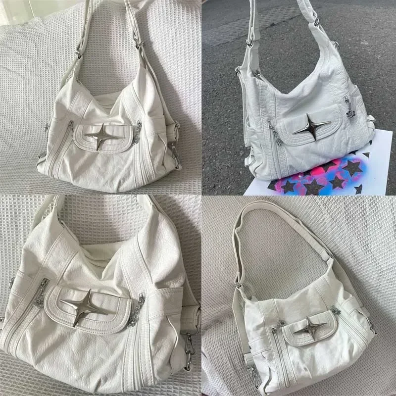 Y2k Large Capacity Shoulder Bag White Pu Leather Star Handbag American Style Punk Goth Fashion Simple Designer Handbag Tote Bag
