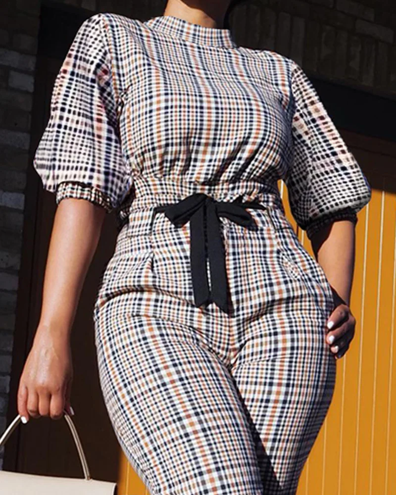 2025, Overall mit Hahnentrittmuster, Briefdruck, Laternenärmel, neue Damen-Overalls mit langen Hosen, lässig, in voller Länge, für Damen-Overalls – Detail 3