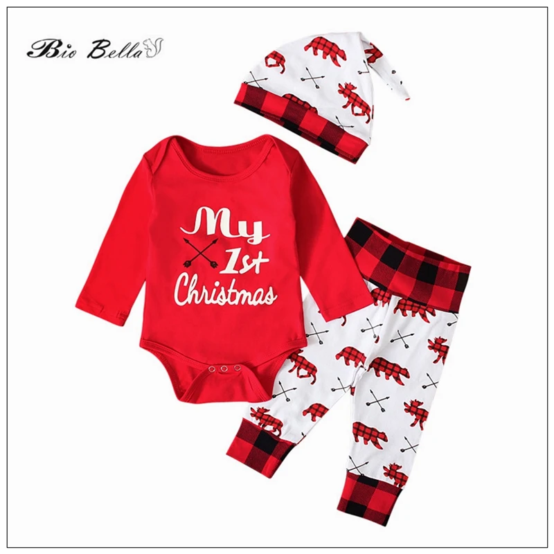 

Baby Christams Clothes Set Boy Girl 2023 Xmas Infantil 0-12 Month Full Sleeve Bodysuit Pants Cap Toddler Outfits New Year Suit