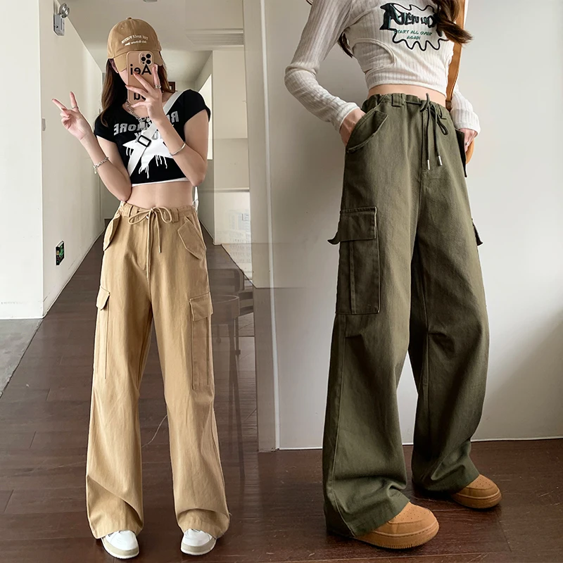

Fashion High-waist Straight Cargo Pants Women Spring Casual Loose Wide Leg Trousers Female Y2k Pocket Drastring Streetwear New