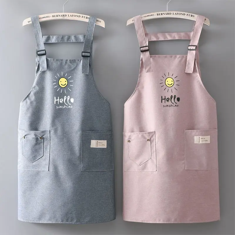 

Cute Adjustable Cooking Apron Waterproof Chef Working Pocket Aprons for Women Kitchen Gifts Green Gray Pink Cotton Cloth