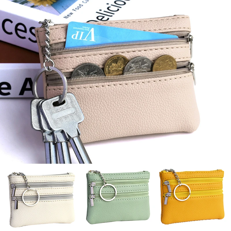 

Solid Color Lychee Pattern PU Leather Coin Purse Women Men Soft Portable Card Wallet Clutch Double Zipper Small Change Bag