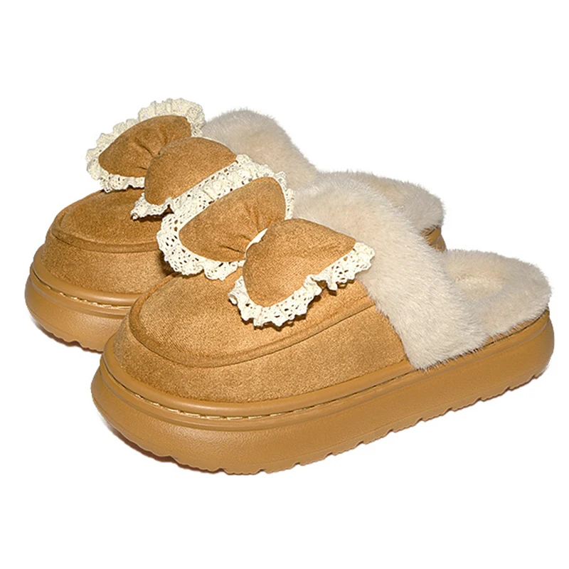 Fashion Bowknot Fluffy Slippers Women Indoor Thick Platform Soft Warm Cotton Slides Woman Autumn Winter Anti Slip Plush Slippers