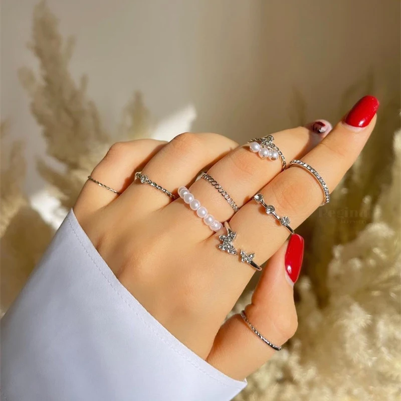[韓国人気ジュエリー] nff vintage puff ring Bohemian Butterfly Pearl Rings Set for Women Shine Pearl