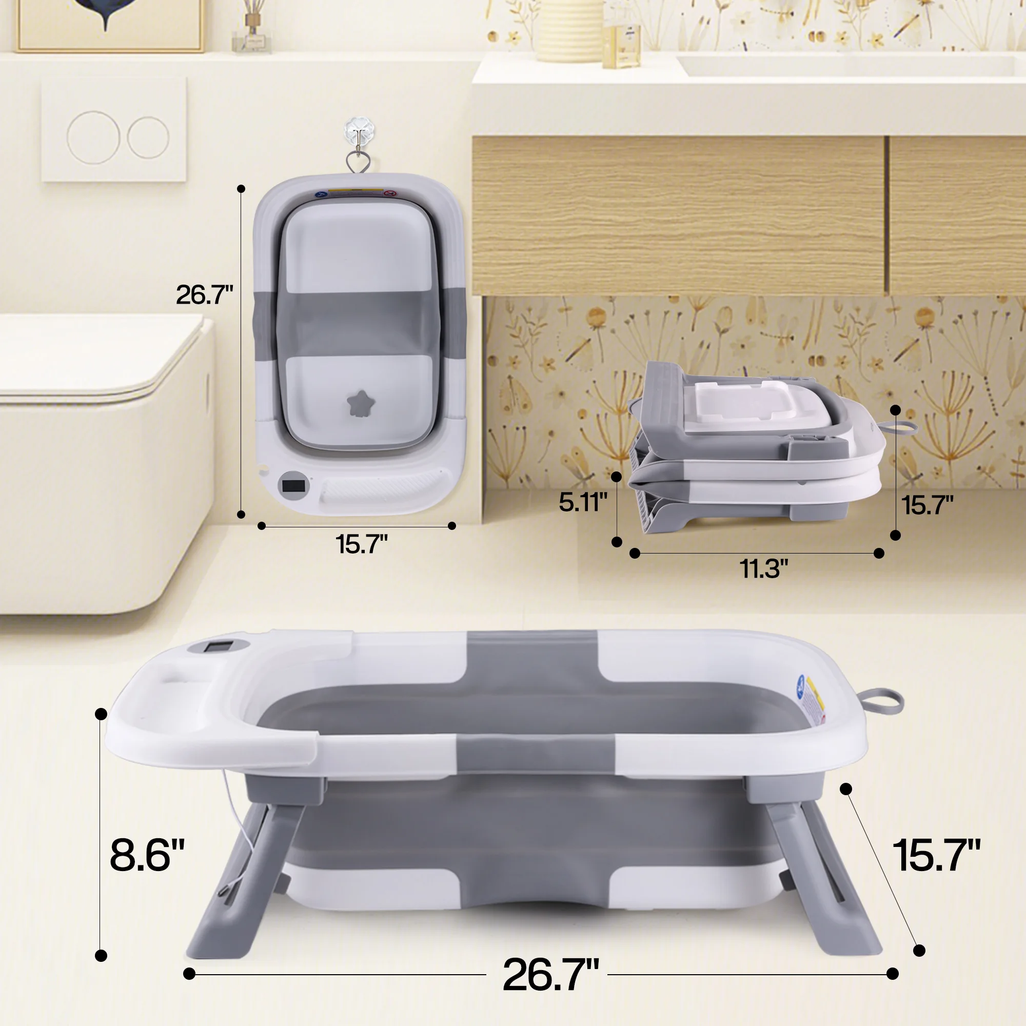 Baby Bath Tub with Cushion & Thermometer 5