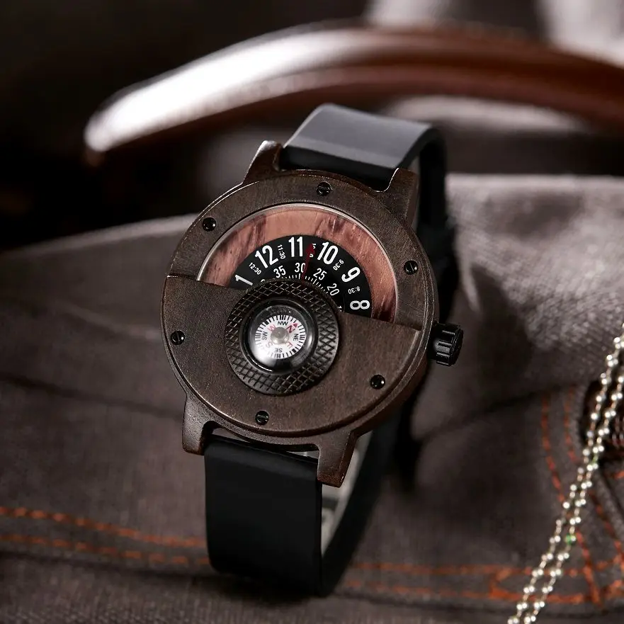 Creative Mens Walnut Wood Watch Male Wooden Rubber Real Natural Rosewood Men Wrist Watch Men's Compass Turntable Wristwatch