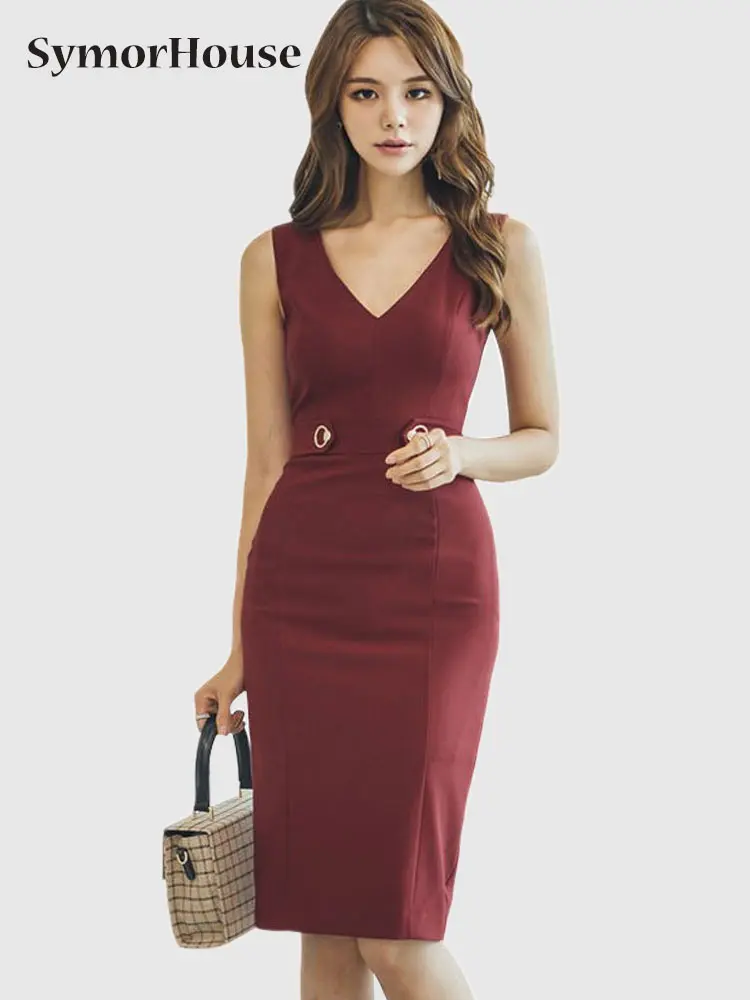 

Hot Sale Summer Autumn Pencil Dress Women V-Neck Fashion Slim Sleeveless Business Dresses Office Sheath Bodycon Vestidos
