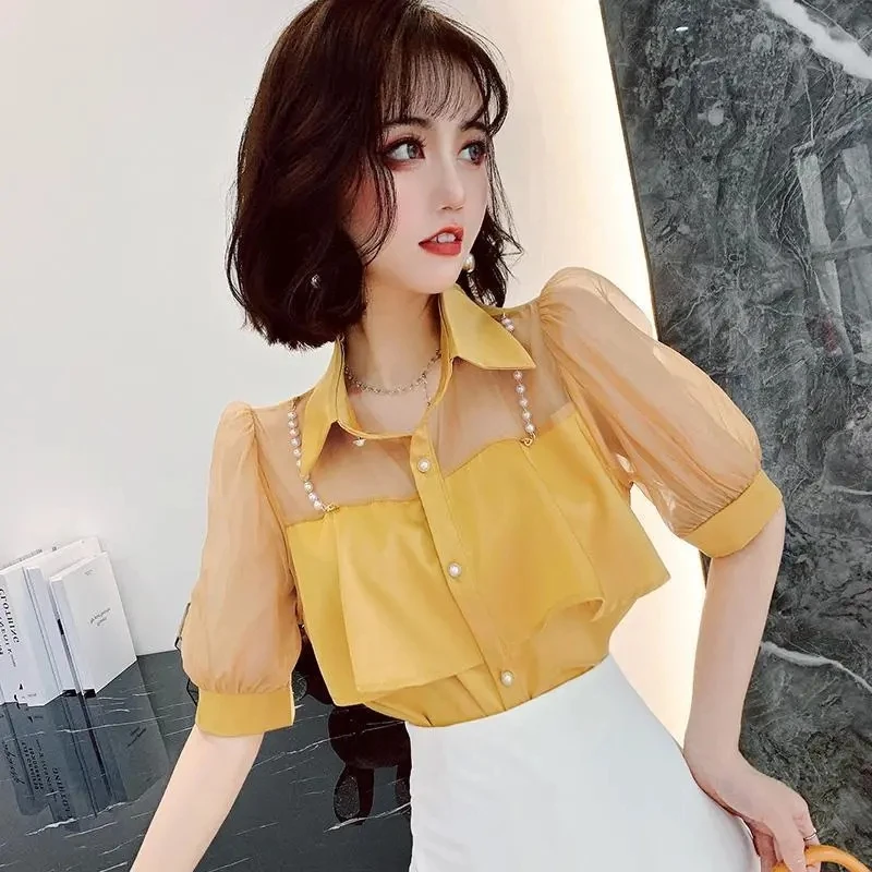 

2024 summer new style niche design lapel pearl chain ruffle stitching chiffon shirt shirt top women