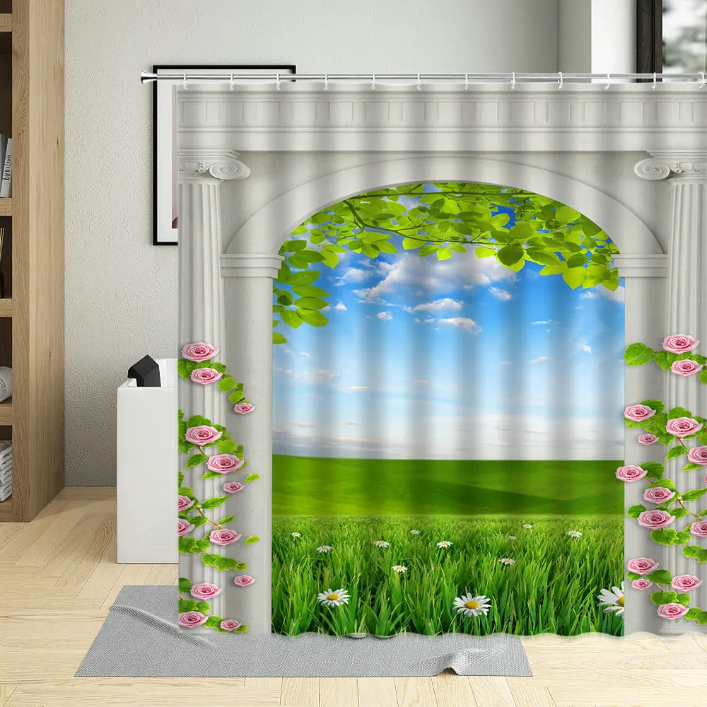 

3D Natural Scenery Shower Curtain European Arch Bridge green Plant Flower Garden Design Bathroom Decorations Curtains Polyester