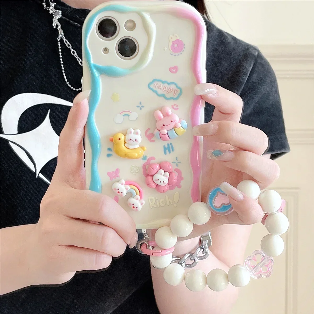 thumbnail image 1 of Funda transparente suave con cordón para teléfono con diseño de oso 3D coreano para iPhone 16, 15, 14 Pro Max, 11, 13, 12 Mini, XR, 8, 7 Plus, X, XS, SE, 1 of 5