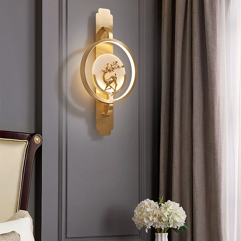 

New Chinese Style Luxury All Copper Wall Lamp Modern Creative Marble Sconce Living Room Bedroom Staircase Decor LED Wall Light
