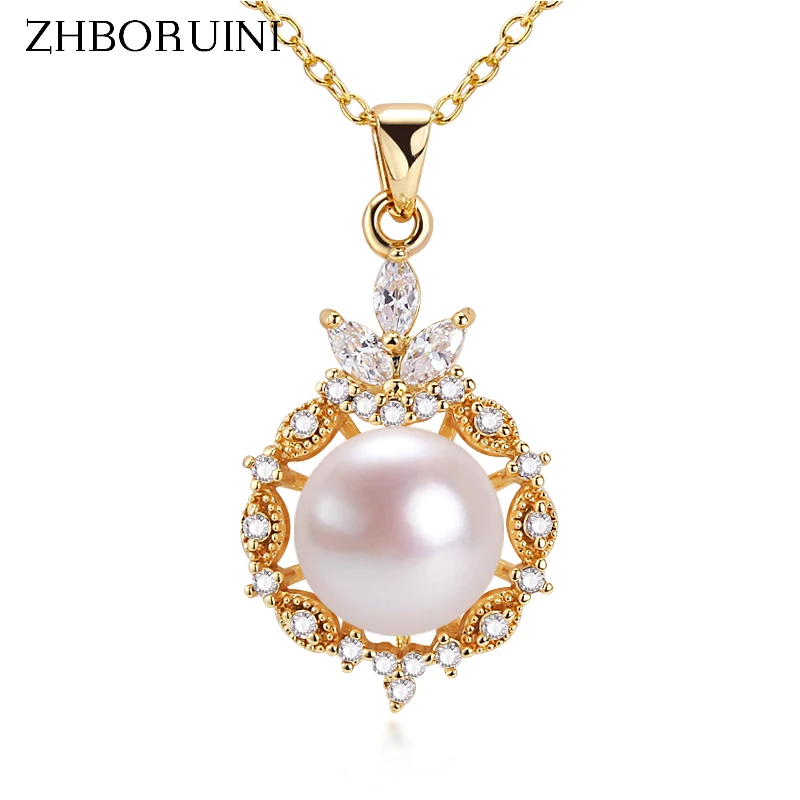 

ZHBORUIN Ivy Pearl Necklace 925 Silver Jewelry 11-12mm 100% Real Freshwater Pearl Fine Craft 14K Gold Plated Pendant Woman Gift