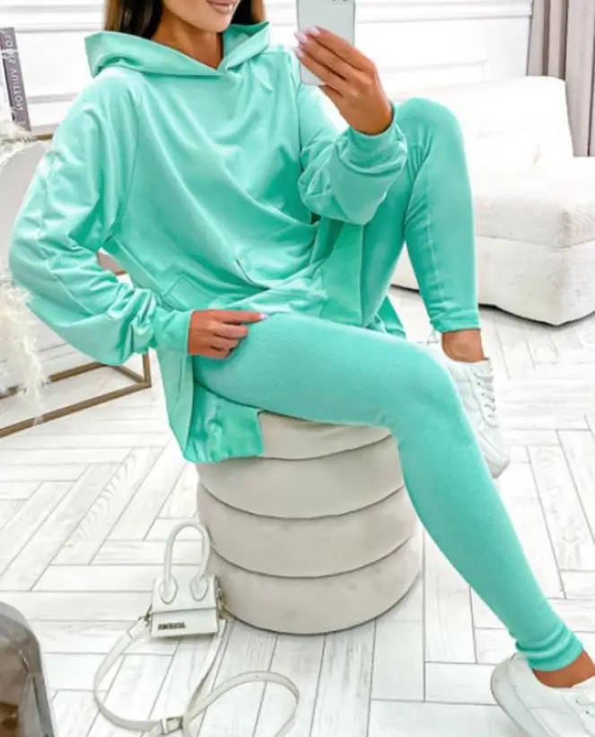 

Two Piece Set Women Outfit 2023 Autumn/winter New Fashion Casual Warm Solid Pocket Design Slit Hoodie&sweatants Set Y2K Clothing