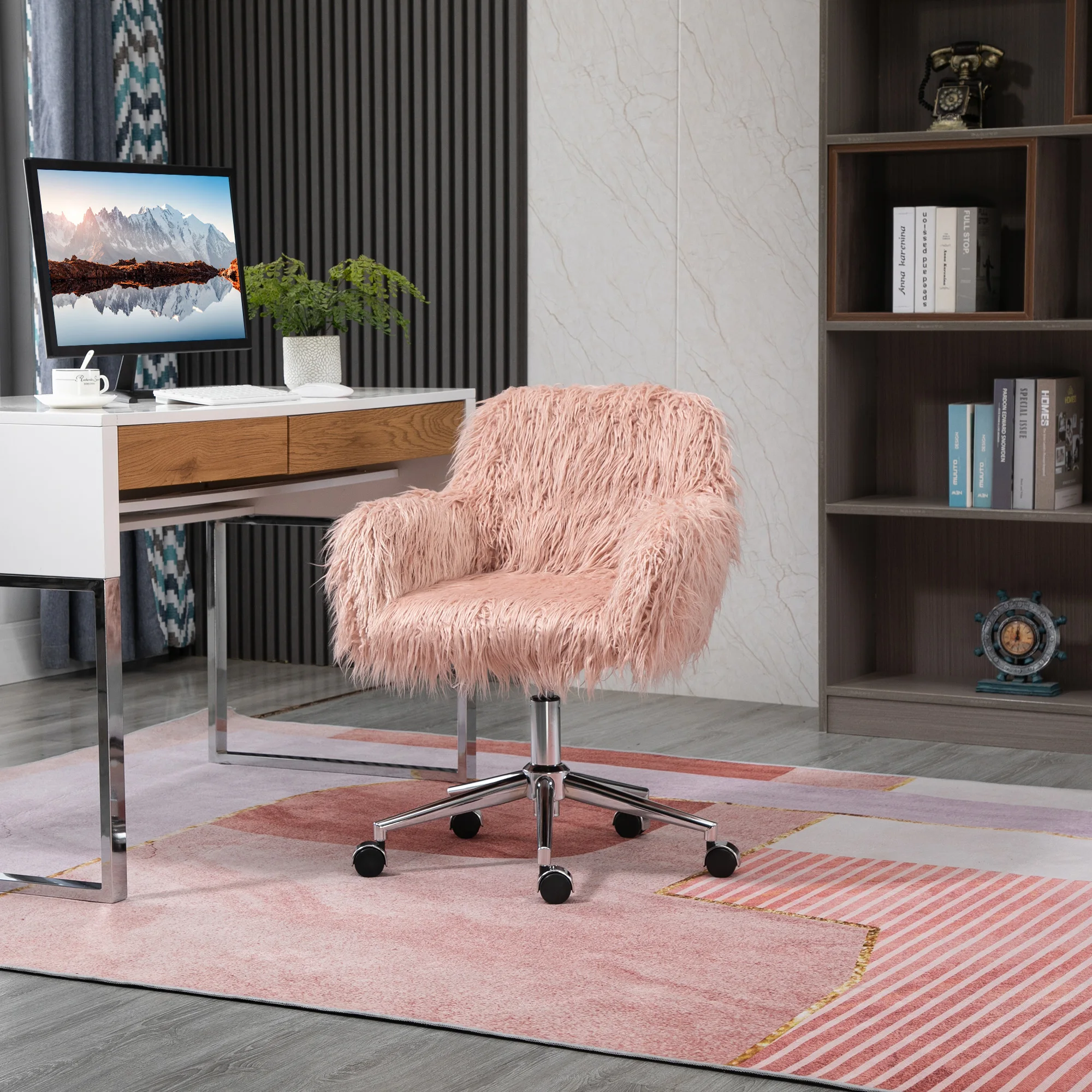 Swivel Faux Fur Office Chair, Vanity Chair W/ Adjustable Height, Wheels, Pink 2