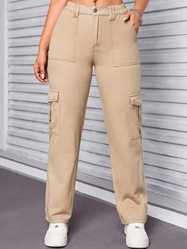 Casual Cargo Jeans Stylish Comfortable Khaki for Different Occasions, Women Straight-leg Denim Pants 1