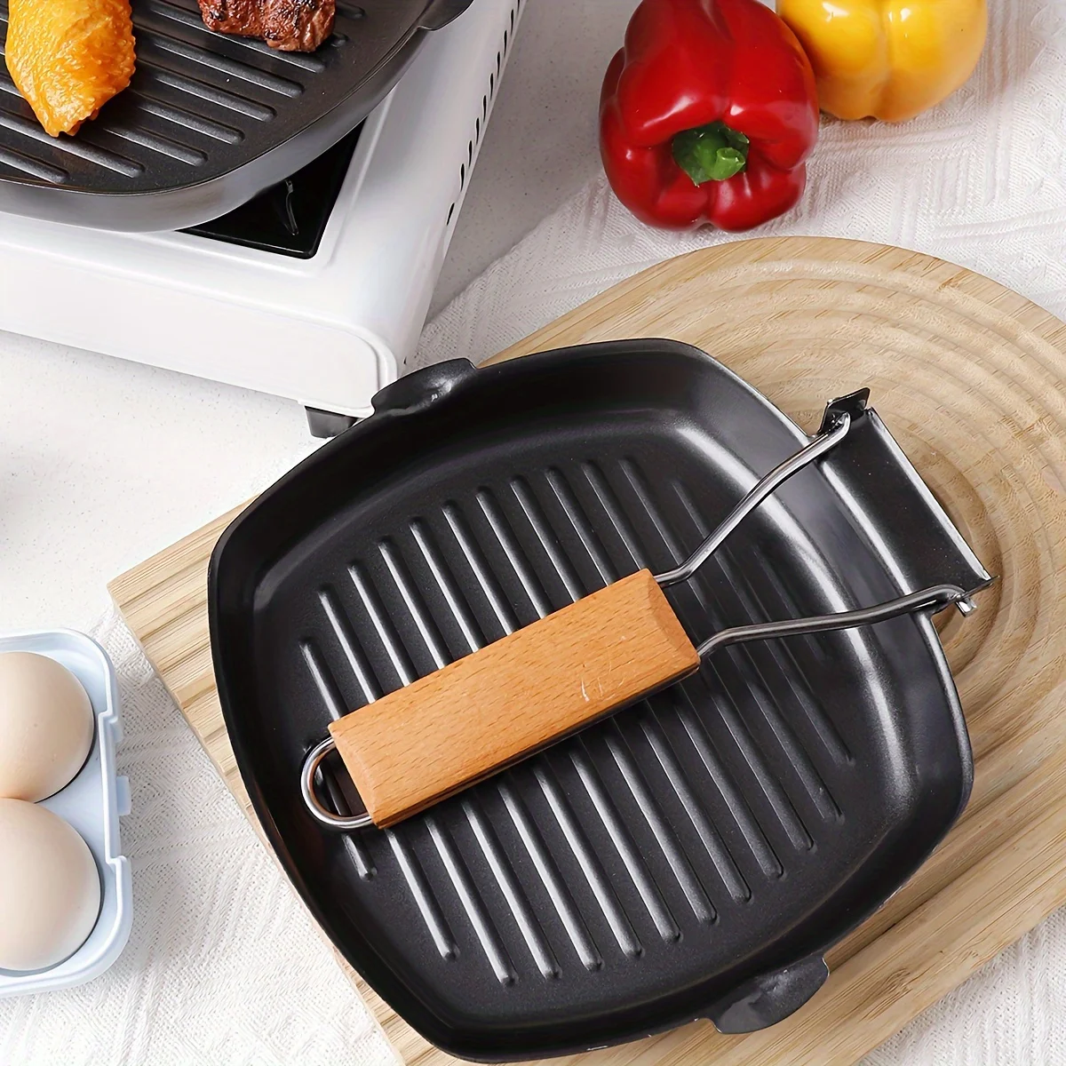 1pcs Non-Stick Cast Iron Skillet with Foldable Handle-Steak & Egg Pan, Easy Clean,Outdoor Camping Cookware