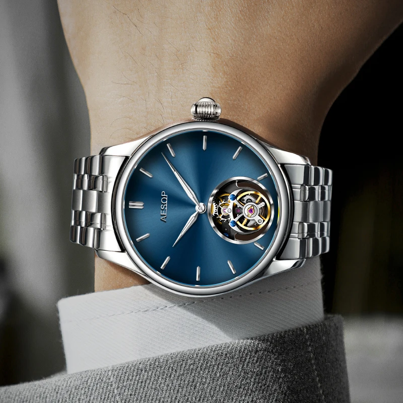AESOP Real Flying Tourbillon Skeleton Watch for Men Mechanical Wristwatches Male Clocks Skeleton Sapphire Waterproof WatchA